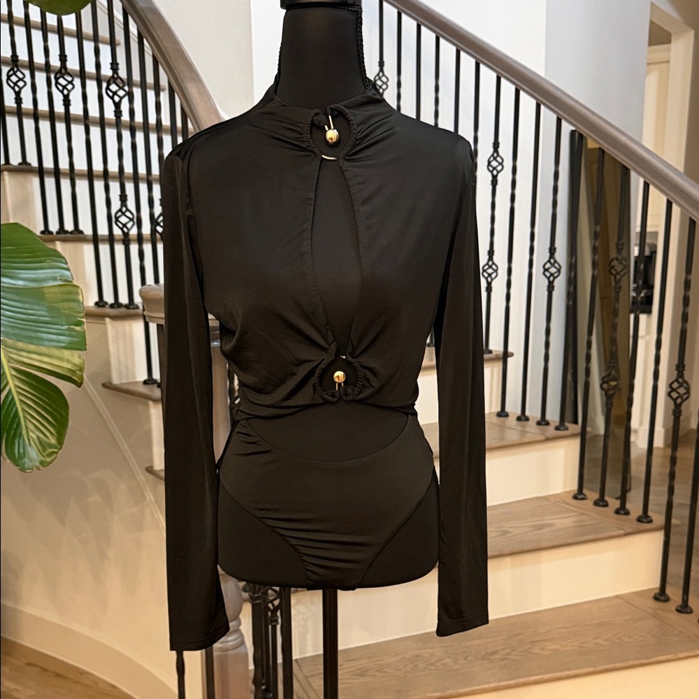 Super Down Elegant Black Long Sleeve Top Bodysuit (Medium)